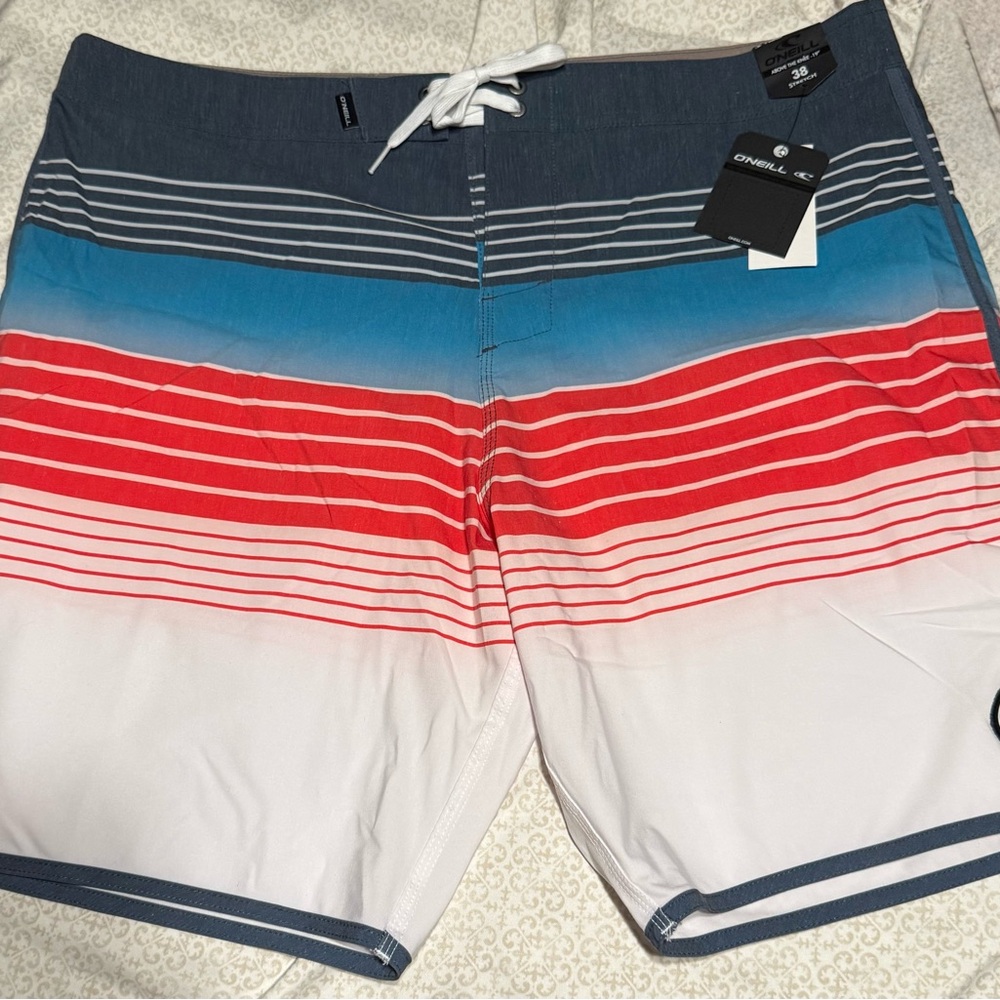 O'Neill Men's Striped Red, Blue, and White Board Shorts